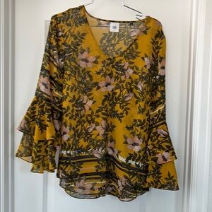 CAbi Mustard and Black Floral Bell Sleeve Blouse